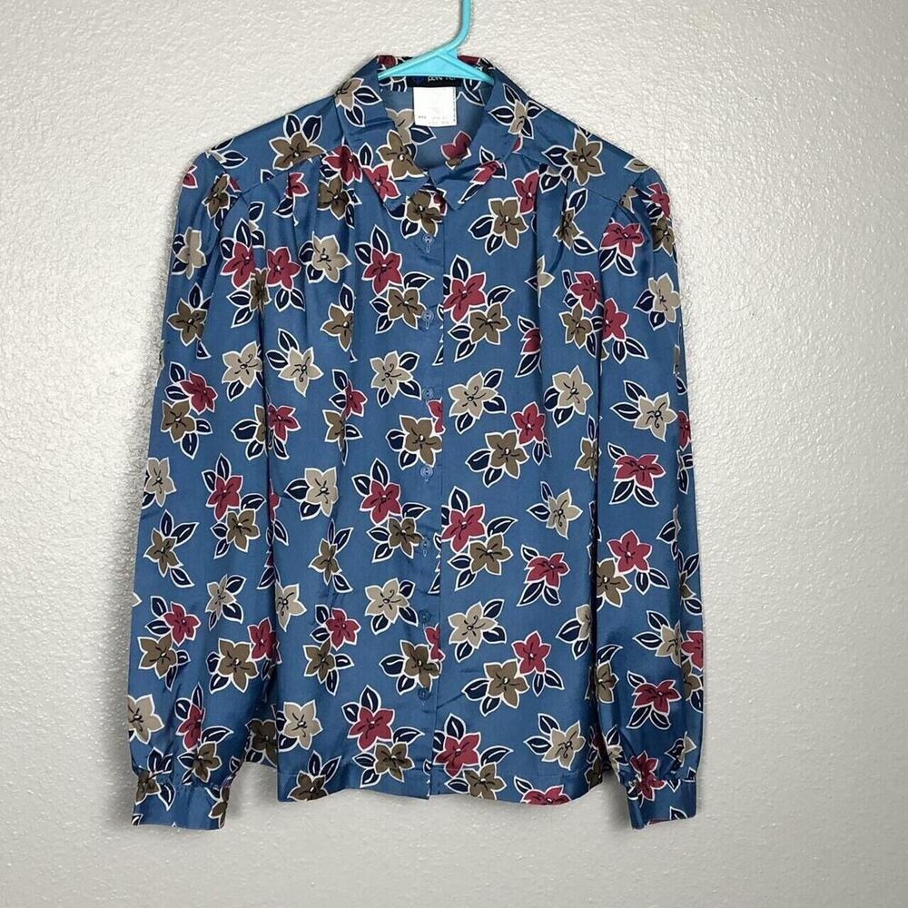 Vintage Pan-Her Juniors Size 13-14 Lightweight Blue Floral Button Down Blouse